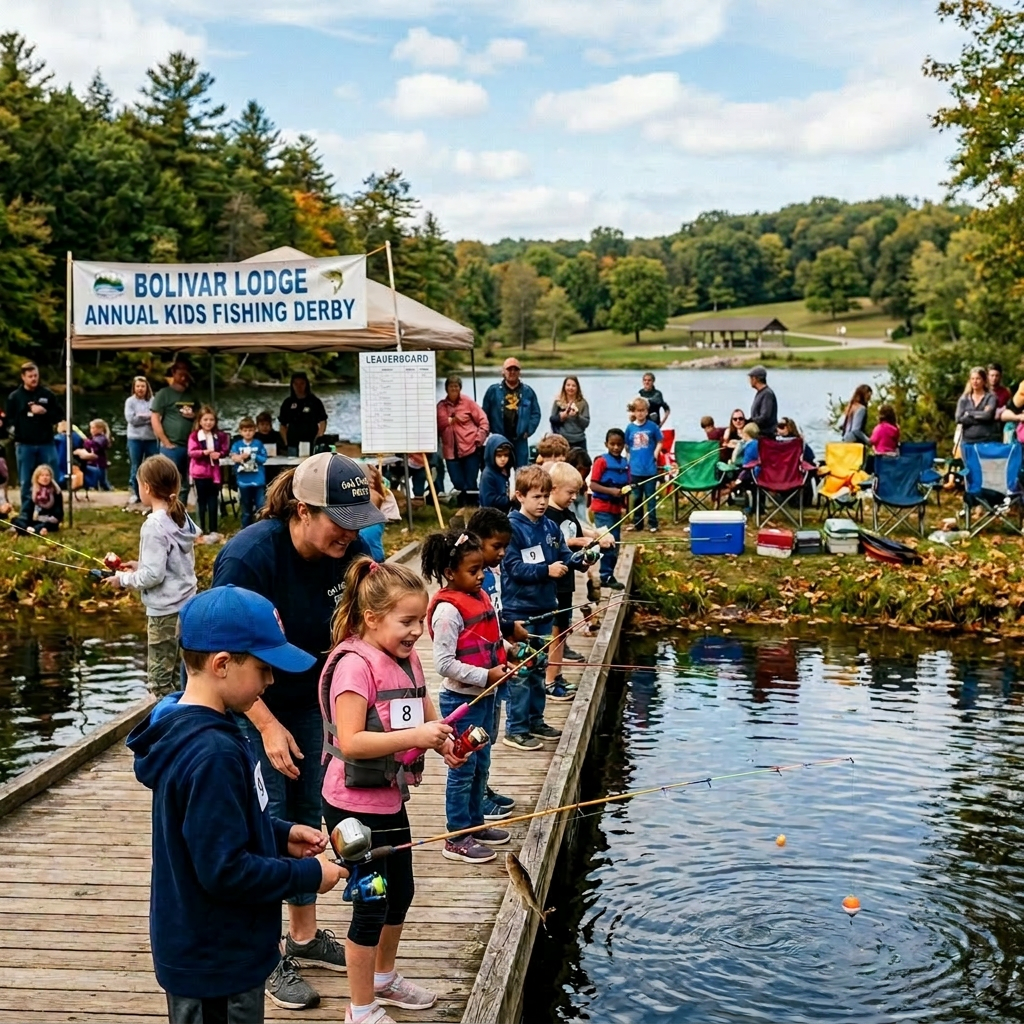 Children fishing with rods on a dock during a kids fishing derby at Crystal Lake